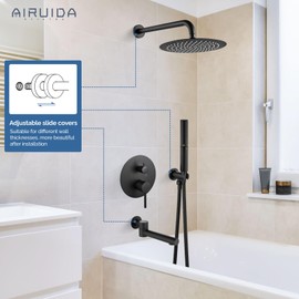 Airuida Shower System with Tub Spout 3-Function Tub Shower Faucet Set Round Rainfall Tub and Shower Faucet Combo with Rough-in Valve 2 Functions Handheld Spray 10 Inch Shower Head Matte Black