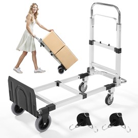 4 in 1 Aluminum Folding Hand Truck Dolly Cart with Wheels 600 Lbs Capacity Collapsible Heavy Duty Convertible Trolley with Retractable Handle for Moving Home Warehouse Office Camping (Black)