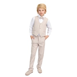 Lilax Boys Formal Suit 4 Piece Vest, Pants and Tie Dresswear Suit Set (4T, Beige)