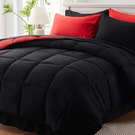 Anluoer Queen Comforter Set 7 Piece, Black Bed in a Bag Bedding Set with 1 Comforter, 2 Pillow Shams, 2 Pillowcases, 1 Flat Sheet,1 Fitted Sheet，