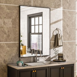 HARRITPURE 20"x28" Rectangular Bathroom Mirror Black Wall Mirror Aluminium Alloy Frame Wall-Mounted Mirror for Entryway Bedroom Living Room