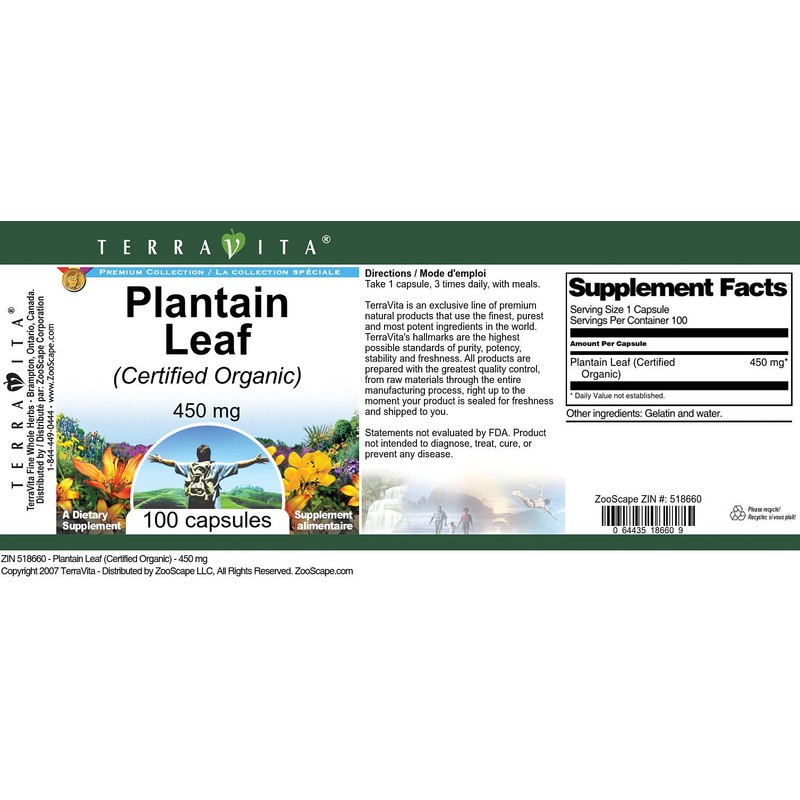 Plantain Leaf (Certified Organic) - 450 mg (100 Capsules, ZIN: