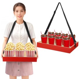 yeesport Wooden Snack Tray with Strap, Handheld Serving Tray with Adjustable Shoulder Strap, Movie Popcorn Beverage Carrier, Vintage Red Drinking Holder for Parties and Picnics