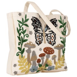 Miss Adola Aesthetic Embroidery Tote Bag for Women - Reusable Canvas Cloth Shoulder Bag with Cute 3d Butterfly Moon Embroidered Designer Shopping Bag for Grocery, Work, Book, Vacation