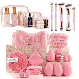 28 PCS Set de Brochas para Maquillaje,5 Brocha para Maquillaje de Premium,1 Coletero,9 Puff Se,2 Muñequera,8 Esponja de Maquillaje,3 Bolsa,Brochas para Maquillaje Profesional para Viajes y Uso Diario