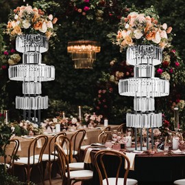 Silver Vases Centerpieces Crystal Flower Stand with Hanging Crystals, 5 Tier Round Chandelier Pedestal Stand for Wedding Road Lead T Stage Flower Arrangement Decoration