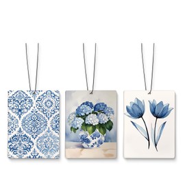 Dilemat Chinoiserie Decor Air Freshener for Car, Vintage Blue Tulip Hydrangea Air Freshener Hanging 3 Pcs for Closet Drawer Book Bathroom, Flower Car Mirror Decor Accessories for Women