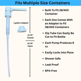 Dual Fitting Pump Dispenser for Gallon Jugs and Smaller Bottles (8cc Each Pump/Fits 28-400 and 38-400) Leak Proof for Household and Commercial Use, Plastic Pump for 1 Gallon Jug - BPA Free (2-Pack)