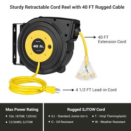 DEWENWILS 40FT Retractable Extension Cord Reel, Heavy Duty Power Cord Reel with 3-Lighted Triple Outlets, 12AWG/3C SJTOW Cord, 15A Circuit Breaker, Wall/Ceiling Mounted, UL Listed, Yellow