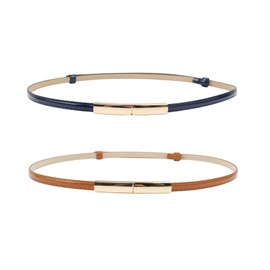 Desuibao Pack of 2 Women's Thin Belts, Adjustable up to 95 cm Narrow Belt for Dress, Thin Waist Belt, Women's Skinny PU Leather Belt, Fashion Belt for Dresses, Blue & Brown