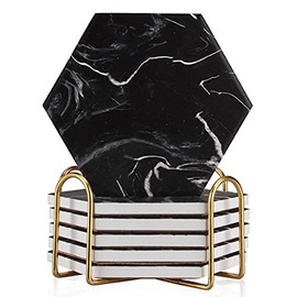 6 Pcs Cool Black Marble Coasters with Holder Hexagon Absorbent Coasters Modern Drink Coasters Best Coffee Table Ceramic Coaster Set