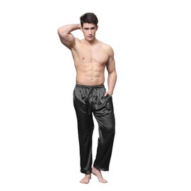 Tony & Candice Men's Satin Pajama Pants Long PJ Bottoms (X-Large, Black)