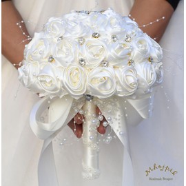 Mhojpik Bridal Wedding Bouquet Round Bling Brooch Bouquet Throw Toss Artificial Rose Flower Bunch for Bride Bridesmaid Wedding Quinceanera(Ivory, 9.8")