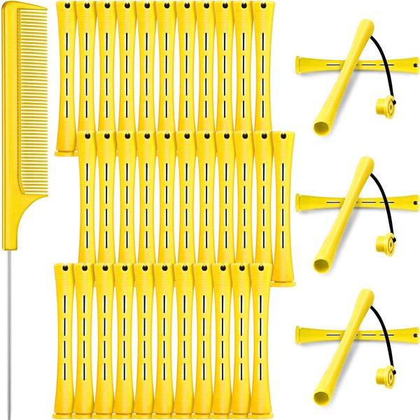 36 Pieces Cold Wave Rod Hair Perm Rods Hair Rollers Perming Rods Curlers with Steel Rat Tail Comb for Hairdressing Styling (Yellow,0.28 Inch)