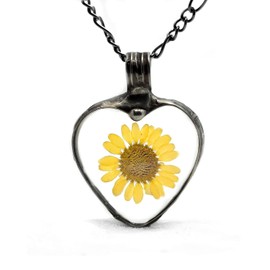Sunflower Heart Necklace for Women, Large Real Pressed Flower Pendant, Yellow Wildflower Jewelry, Sunflower Gift for Mothers Day, Wife, Artisan Hand Made by Bayou Glass Arts (36, Gunmetal Finish)