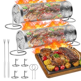 Stainless Steel Grill Basket, 360° Rotating Grill Basket for Camping Accessories, Cooking Vegetables, BBQ Gifts for Men (30cm and 31cm), 2 Pack