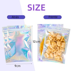 FLOVAZO Bolsa Hermética, 200 Piezas de Color Holográfico, Cierre Resellable Bolsas de Almacenamiento con Agujero para Colgar, Aluminio por Ambos Lados(9CM x 12CM)