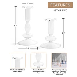 Lamplust Clear Taper Candle Holders, 2 Pack, 4.5 & 6.5 Inch Candlestick Holders, Fits Standard Taper Candles, Unique Candle Sticks Holder Decor, Clear Glass Candle Holder, Hanukkah Decorations