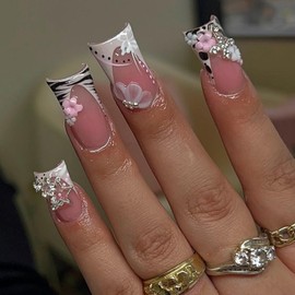 French Tips Press on Nails Medium Duck Fake Nails with Pink Flower Charm Design 3D Star Star False Nails Glossy Skin Tones Zebra Stick on Nails Summer Glue on Nails for Women Girls Manicure 24Pcs