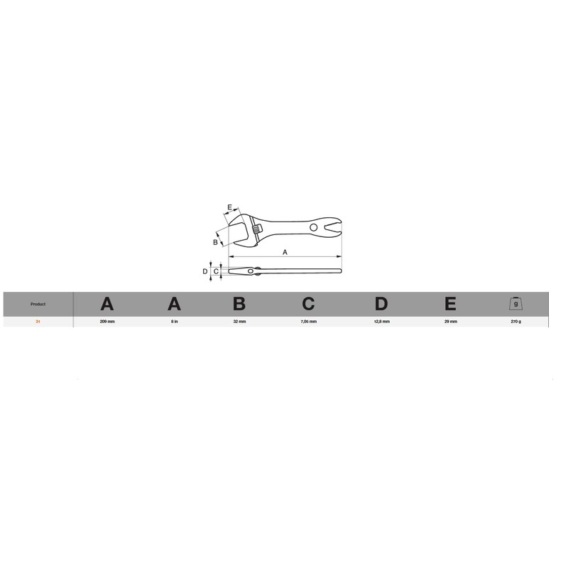 Bahco 31 R US Alligator Adjustable Wrench, 8-inch