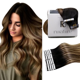 RUNATURE Balayage Tape ins Human Hair Extensions 22 Inch Straight Tape in Hair Extensions Ombre Black Rooted to Brown Mix Caramel Blonde Hair Extensions Tape in Real Human Hair Double Sided 50g 20pcs