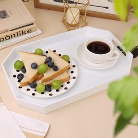 SforGUVA White Octagonal Serving Tray with Handles for Coffee Table, Plastic Decorative Tray for Ottoman, Kitchen Counter, Living Room, Outdoor Lacquer Tray for Entertaining