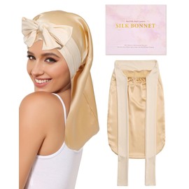 AWAYTR 100% Mulberry Silk Bonnet - Long Hair Cap for Sleeping Tie Band Bonnet for Braids Curly Hair (Champagne)