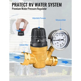 RV Water Pressure Regulator Kit, RV Fresh Water Kit All-in-One Sprinkler Blowout Adapter, Inline Water Filter, Hose Splitter, Brass Elbow, Flexible Connector, Hose Quick Connects, Leak Repair Kit