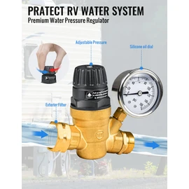 RV Water Pressure Regulator Kit, RV Fresh Water Kit All-in-One Sprinkler Blowout Adapter, Inline Water Filter, Hose Splitter, Brass Elbow, Flexible Connector, Hose Quick Connects, Leak Repair Kit