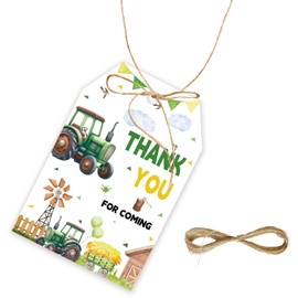 50pcs Tractor Thank You Tags, Green Farm Tractor Gift Tag with String for Farm Themed Party, Barnyard Birthday/Anniversary Party Favors