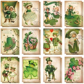 Yinder 24 Set St Patrick's Day Cards with Envelopes Vintage Green St Patrick's Day Shamrock Greeting Cards Retro Clover Irish Cards for Party Classroom Home Office Business (Cute Style)