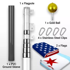 G128 20 Ft Telescoping Flagpole Silver & American and Chicago Flags Spun 3x5 Ft