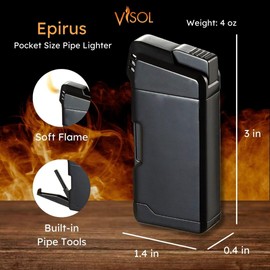 Visol Epirus Soft Flame Refillable Gas Lighter, Built-in Pipe Tools, Windproof Adjustable Flame Lighter (Shipped Without Butane) (Black)