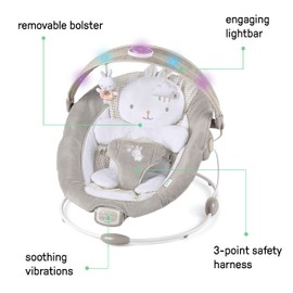 Ingenuity InLighten Baby Bouncer Infant Seat with Light Up -Toy Bar, Vibrations, Tummy Time Pillow & Sounds, 0-6 Months Up to 20 lbs (Twinkle Tails Bunny)