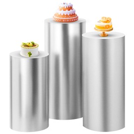 Set of 3 - Silver Cylinder Pedestal Stand Covers, Flexible Cylinder Stand Covers for Party, Wedding or Birthday Event Decor - Only Contains Cylinder Covers