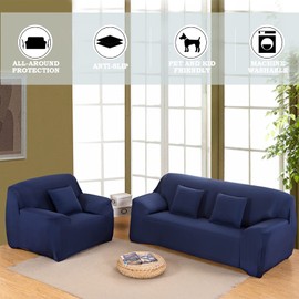Teynewer 1-Piece Fit Stretch Sofa Cover, Sofa Slipcover Elastic Fabric Minimalism Style Chair Loveseat Couch Settee Sofa Covers Universal Fitted Furniture Cover Protector (2 Seater, Navy Blue)