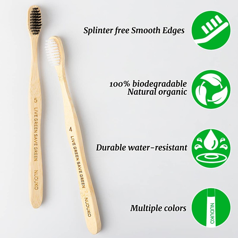 NUDUKO Toothbrush 10 Pack Bamboo Toothbrushes - Eco-Friendly Natural Wooden
