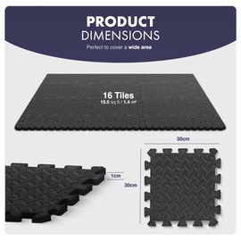 KAYMAN Gym Foam Mats (30x30 cm - 16 Pack), Nonslip Interlocking Floor Mats, EVA Foam Exercise Gym Mats for Home Workouts, Studio, Weights, Exercise & Yoga, Protective Foam Floor Tiles for Garage,Black