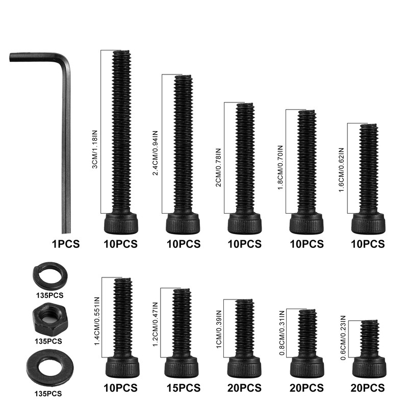 540M4 Screw Set Black Screws 6-30 mm, Washers, Washers, Nuts