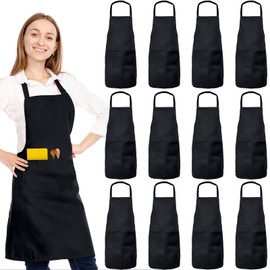 XEMGUE 12 Pack Bib Apron, Unisex Restaurant Kitchen Aprons for Women with 2 Pockets, Chef Aprons for Cooking Men BBQ Painting Drawing Craft Plain Adults, Bulk Black