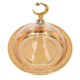 Stainless Steel Serving Plate with Golden Embossed Pattern and Acrylic with Dome, Rustic Metal Base, Wide Application for Salad, Dessert, Coffee, Clear Vintage Touch