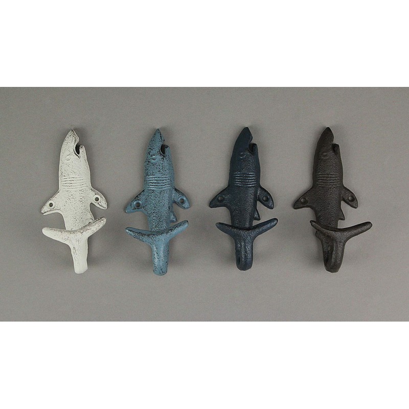 Zeckos Set of 4 Rustic Nautical Cast Iron Shark Wall