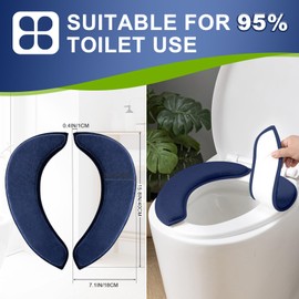 2 Sets Soft Flannel Toilet Seat Cover with Memory Foam, Non Slip Thicker Warmer Washable Bathroom Toilet Seat Cushion, Easy-Install Self-Adhesive Reusable Toilet Lid Seat Cover Pads (White,Navy)