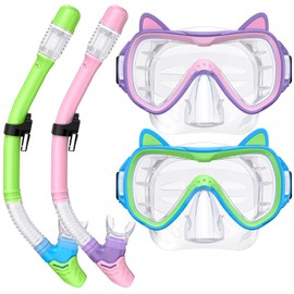 2025 Cute Kitten Kids Snorkel Set,Pastel Colors, Anti-Fog Tempered Glass Snorkeling Gear for Kids Age 6 and up – Ideal for Birthdays or Graduation Celebrations!