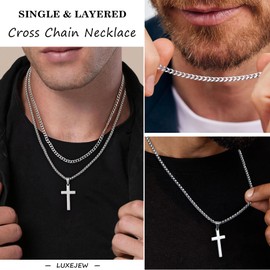 LUXEJEW Cross Necklace for Men - Mens Necklace Silver Cross Chain for Men Stainless Steel Silver Chain Pendant Necklaces Mens Chains Christian Gifts for Him Her Baptism Catholic