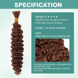 50g 26 Inch Deep Wave Human Braiding Hair 1 Bundle/Pack Deep Curly Bulk Human Braiding Hair for Boho Braids No Weft Color 30# 100% Brazilian Human Brown Braiding Hair Extensions for Micro Braids