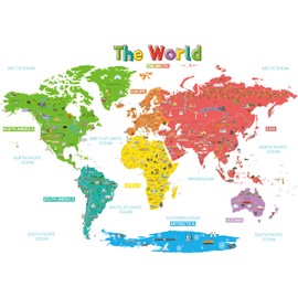 DECOWALL SG-1902S The Large World Map Wall Sticker Children's Wooden Wall Sticker Nursery Decor Removable Art Baby Room Colourful Educational Animal Playroom Bedroom Classroom