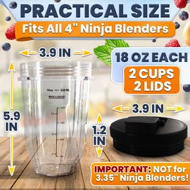 2 PCs Ninja Cups for Blender – 18 Oz Ninja Blender Cup Replacement with Sip & Seal Lids – Compatible with Nutri Ninja Auto-iQ Series BN750/751/753/800/801/803/805/805CCO CO905KS CCO905KS DB751A