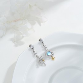 Moon Star Moonstone Earrings 925 Sterling Silver Eight-Pointed Star Earrings Rainbow Jewellery for Girls Mother Daughter Ladies Girlfriend, Sterling Silver, Moonstone