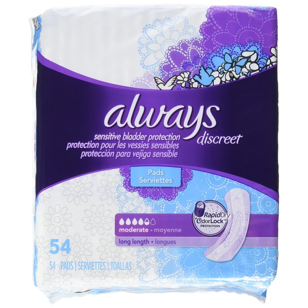 Always Discreet, Pads Long Length Moderate Absorbency 54 Count Cs Of 2